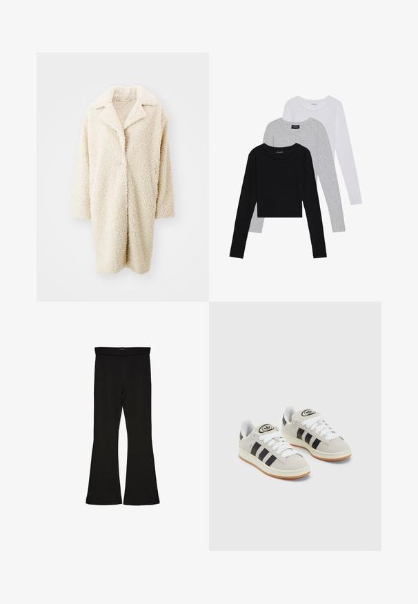 Palton din blană sintetică, de culoare crem, pufoasă, cu guler mare, deschis în față și mâneci lungi de trei sferturi. Dispune de două buzunare laterale și are o croială lejeră.; Trei bluze cu mânecă lungă așezate: neagră, gri și albă. Fiecare are un guler rotund și un design scurt, realizat dintr-un material fin și ușor.; Leggings negre cu tiv evazat, realizate dintr-un material elastic. Au o talie largă și o textură fină, cu o siluetă ajustată care se lărgește la tiv.; Adidași din suede gri cu șireți albi, dungi negre și talpă din cauciuc alb. Prezintă un logo circular pe limbă și o talpă din cauciuc.