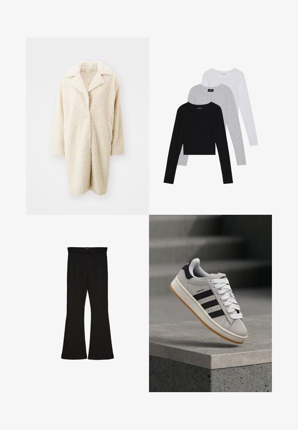 Crème-kleurige, donzige nepbontjas met een grote kraag, open voorkant en driekwartmouwen. Heeft twee zijzakken en een ontspannen pasvorm.; Drie langmouwige tops gestapeld: zwart, grijs en wit. Elke top heeft een ronde halslijn en een cropped ontwerp van soepel, lichtgewicht materiaal.; Zwarte flare leggings gemaakt van rekbaar materiaal. Beschikt over een brede tailleband en een zachte textuur, met een getailleerd silhouet dat uitloopt bij de zoom.; Grijze Adidas Campus sneaker met zwarte strepen en witte veter, zwevend boven een betonnen richel met trappen op de achtergrond.