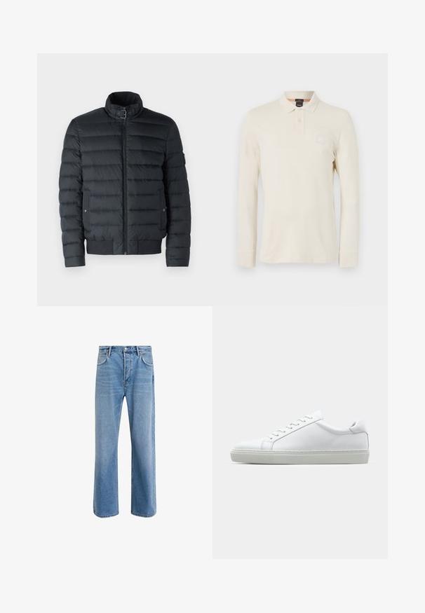 Svart puffjacka med dragkedja, ståkrage, horisontell sömnad, ribbad fåll och sidfickor med tryckknappar.; Långärmad polo t-shirt i ljusbeige, tillverkad av ett mjukt tyg, med polo-krage, knappslå med två knappar och en liten logotyp på bröstet.; Ljust blå denimjeans med rak passform, fem fickor, knappstängning, minimal blekning och kontrasterande sömdetaljer.; Vit sneaker med en slät läderövre och låg profil. Har en rundad tå, sex snörhål och en strukturerad gummisula.