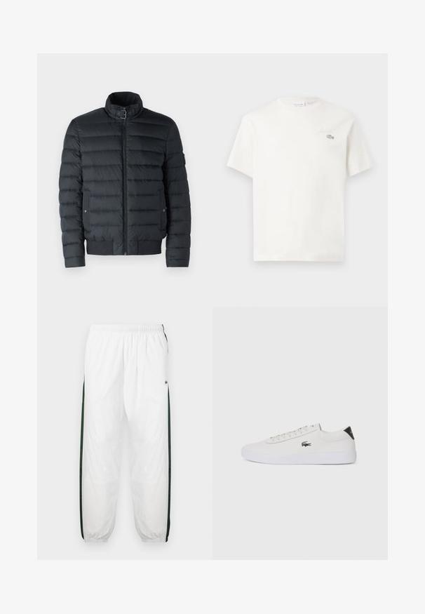 Fekete puffermellény cipzáros záródással, álló gallérral, vízszintes varrással, bordás alsó szegéllyel és patentos oldalzsebekkel rendelkezik.; Fehér pamut póló rövid ujjakkal, diszkrét hímzett logóval és minimalista designnal. Puha tapintású, kerek nyakkivágású.; Fehér sportnadrág sötétzöld oldalpanelekkel. Könnyű anyagból készült, rugalmas derékkal és gumis szegéllyel. Az oldalpaneleken hálós textúra található.; Fehér bőr sportcipő kerek orral, fűzős elülső résszel és fekete sarok akcentussal. Oldalán egy kis hímzett krokodil logóval rendelkezik.