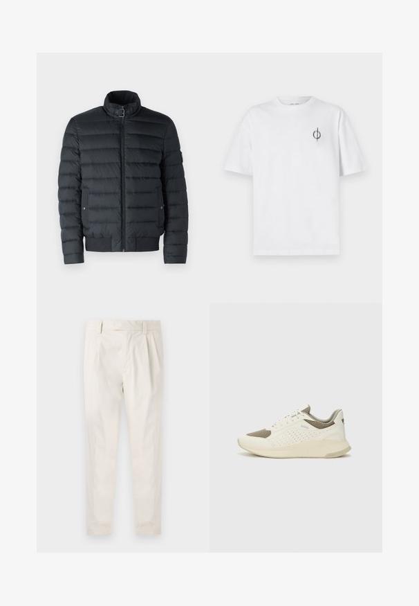 Čierna páperová bunda má zipsové zapínanie, stojatý golier, horizontálne prešívanie, odnímateľný lem a bočné vrecká so zacvakávacími gombíkmi.; Biela bavlnená tričko s voľným strihom, s malým čiernym grafickým logom na ľavej strane hrudníka. Krátke rukávy, okrúhly výstrih.; Biele plisované nohavice s prispôsobeným strihom, s hladkou textúrou, pútkami na opasok a zúženými nohavicami. Žiadne viditeľné vrecká ani vzory.; Biele a svetlo béžové športové tenisky s hornou časťou z mriežkového materiálu, perforovanými detailmi a textúrovanou medzipodrážkou s logom na päte.