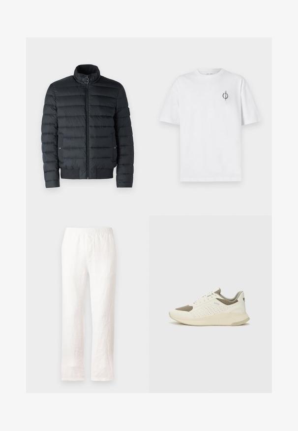 Juodas pūkinis švarkas turi užtrauktuką, stovinčią apykaklę, horizontalią siūlę, mezginį kraštą ir šonines kišenes su užsegamais mygtukais.; Balta medvilninė marškinė su laisvu siluetu, su mažą juodą grafiką logotipą kairėje krūtinės pusėje. Trumpomis rankovėmis, apvaliu kaklu.; Baltos lininės kelnių su elastine juosta, tiesaus kirpimo dizainas ir šiek tiek tekstūruota medžiaga. Be raštų ar papildomų detalių.; Baltas ir šviesiai bežinis sportinis kedas, su tinklo viršumi, perforuotais detalėmis ir tekstūruotu tarpine su logotipu ant kulno.