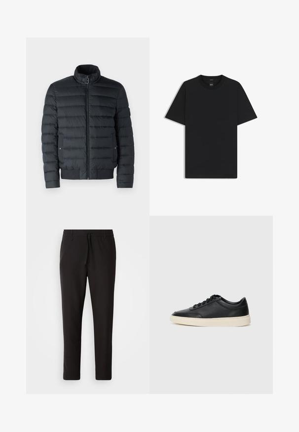 Sort pufjakke med lynlåslukning, ståkrave, vandret syninger, ribbet kant og sidelommer med trykknapper.; Sort kortærmet T-shirt lavet af en glat bomuldsblanding, med en rund halsudskæring og et minimalistisk design uden mønstre eller accenter.; Sorte joggebukser lavet af glat stof. Har en elastisk talje med snor, tætsiddende ben og ingen synlige lommer. Enkel design.; Sort lavt top lædersneaker med sorte snørebånd og off-white sål vist i sideprofil på hvid baggrund.