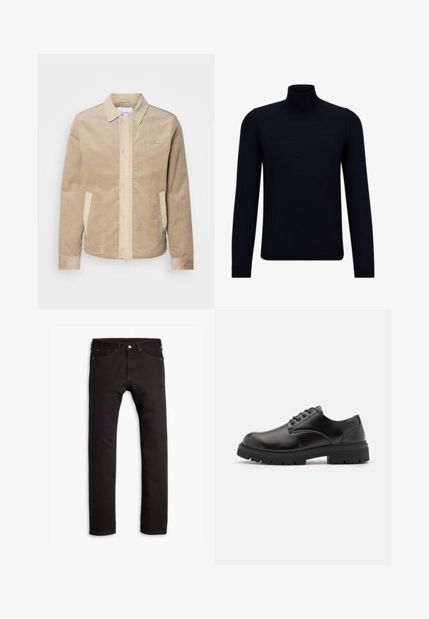Tan corduroy jacket with a beige front, collar, and pockets. Features a button closure and ribbed cuffs. Subtle branding on the chest.; Dark navy turtleneck sweater made of fine knit fabric, featuring long sleeves and a fitted, high neckline. No visible patterns or accents.; Black slim-fit jeans with five pockets and button closure, displayed flat on a white background.; Black leather shoes with a rounded toe, lace-up design, and a thick, textured rubber sole. Features stitching along the edge and a smooth finish.