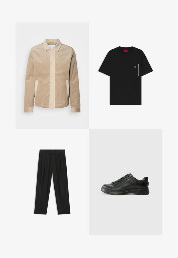 Tan corduroy jacket with a beige front, collar, and pockets. Features a button closure and ribbed cuffs. Subtle branding on the chest.; Black T-shirt made of cotton, featuring a round neck, short sleeves, and a chest pocket with a silver zipper detail. Small logo on pocket.; Black trousers with a pleated design, wide leg shape, and a smooth texture. Features a red waistband tag.; Black leather sneaker with textured upper, padded collar, and red logo detail. Features a thick rubber sole with distinct tread pattern.