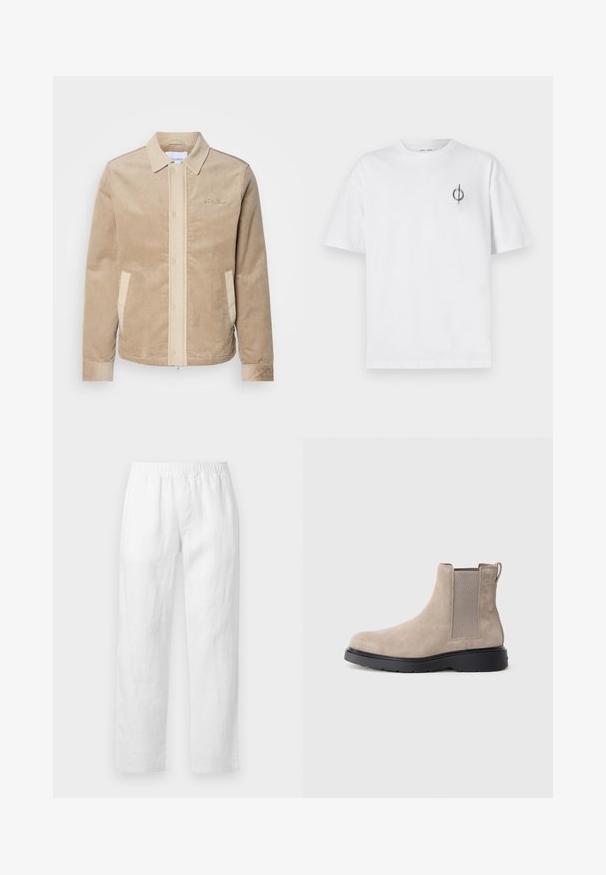 Casaco de corduroy bege com frente, colarinho e bolsos em tom claro. Apresenta um fecho de botão e punhos canelados. Marca discreta no peito.; Camisa de algodão branca com um corte relaxado, apresentando um pequeno logótipo gráfico preto na área do peito esquerdo. Mangas curtas, estilo de gola redonda.; Calças de linho branco com cintura elástica, corte reto e textura suave, sem padrões visíveis ou detalhes de ferragens.; Bota Chelsea em camurça bege com painéis elásticos laterais, uma alça para calçar e uma sola de borracha preta. Design elegante com bico arredondado.