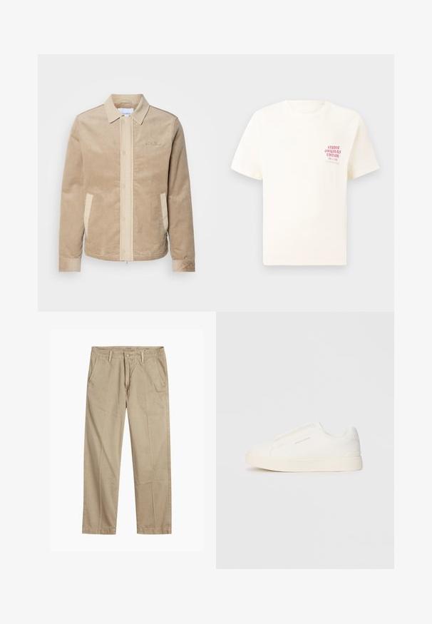 Karmiinpruun villane jakk, millel on beež esiosa, krae ja taskud. Omab nööpkinnitust ja ribast varrukaotsi. Diskreetne brändimine rinnas.; Valge lühikeste varrukatega T-särk, millel on vasakul rinnal punane tekst "Studio Originals Edition", esitatud neutraalsel hallil taustal.; Beeži sirged säärte chinos-püksid, millel on vööloopide, esipainutatud nupud ja tõmblukk ning kaldega esikotid.; Valged libisemiskindlad tossud tekstuuriga pinnaga, paksu tallaga ja minimalistikus disainis. Küljel on brändi logo.