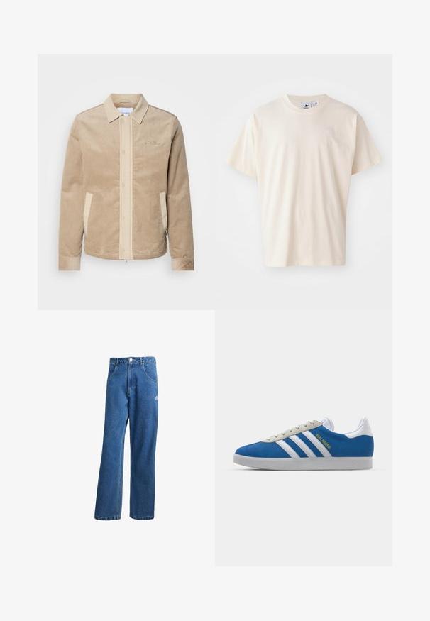 Beige cordfløyelsjakke med brune detaljer på framsiden, kragen og lommene. Har knappeåpning og ribbede mansjetter. Diskret branding på brystet.; Kremfarget bomullst-skjorte med rund hals og korte ermer; har en liten, lysfarget logo på brystet.; Blå høyhalsede vide denimjeans med frontlommer, belteholdere, knappelukking og liten Adidas-logo på høyre lår.; adidas Originals ADIDAS GAZELLE SHOES - Innendørsfotballsko - real madrid/bluebird/footwear white/crew yellow