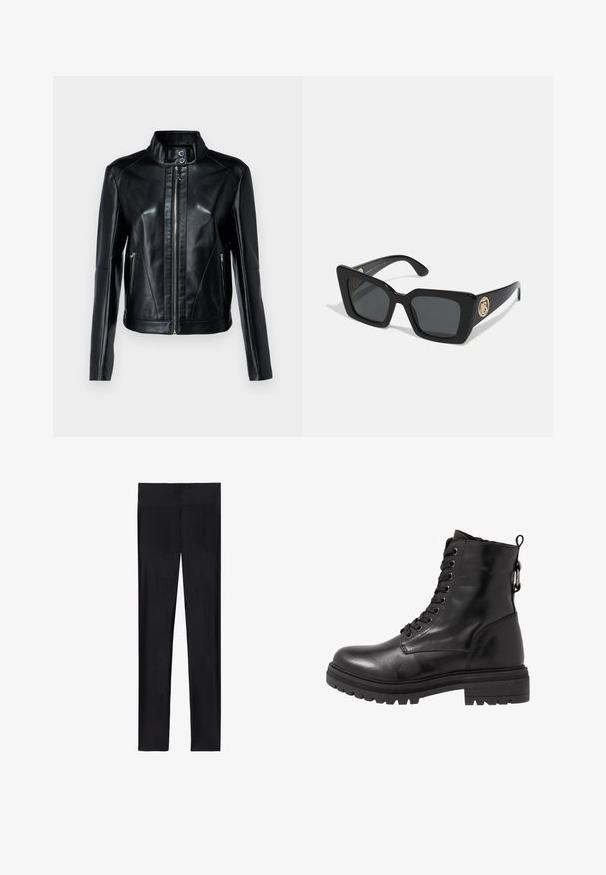 Veste en cuir noir avec col haut, fermeture éclair à l'avant et deux poches latérales. Dispose d'une texture lisse et d'un design ajusté.; Pull à col roulé noir en tricot doux. Présente des manches longues et un design ajusté avec un ourlet droit.; Leggings noirs en tissu extensible ; présentent une texture lisse, un design à longueur complète et une taille élastique sans coutures visibles.; Bottine en cuir noir avec bout arrondi, devant à lacets et semelle en caoutchouc texturé. Comprend une languette au dos et des coutures renforcées.; Lunettes de soleil noires en forme de carré avec des verres foncés et des branches noires brillantes. Présente un accent matériel circulaire en or sur le côté. Texture lisse dans l'ensemble.