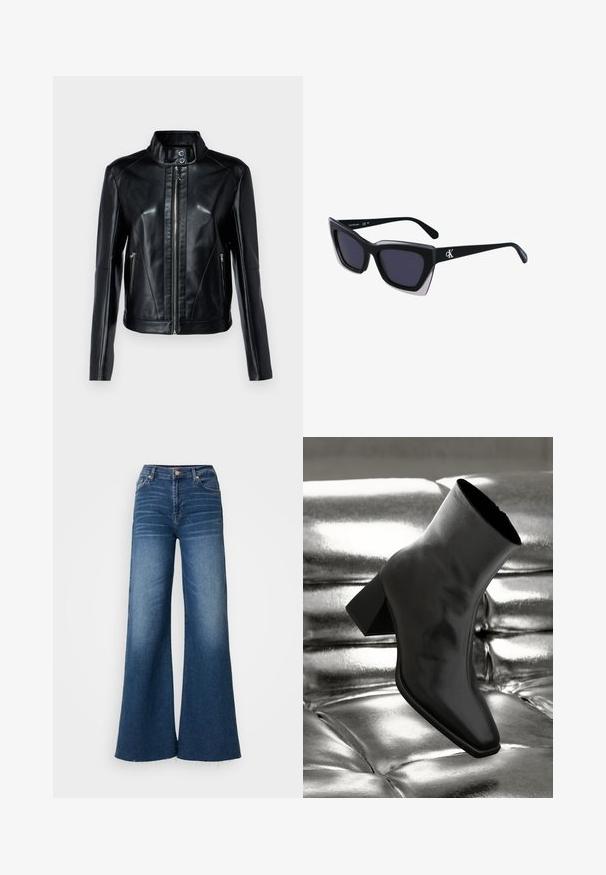 Sort læderjakke med høj krave, frontlynlås og to sidelommer. Har en glat tekstur og tætsiddende design.; To stribede toppe i sort og hvid, lavet af ribbet bomuld, med runde halsudskæringer og en tætsiddende pasform. Etiketter synlige på begge.; Sorte denim jeans med brede ben i mørkeblå, med høj talje, diskret slidmærker og rå kant. Fremstillet af standard denim materiale.; Sorte ankelstøvler lavet af glossy materiale med firkantet tå og spidse hæle, sat mod en skinnende sølv tuftet baggrund.; Store sorte oversized solbriller med geometrisk form, med mørke linser og en kontrasterende grå detalje på stellet. Logo på armen.; Sølv metal øreringe med en glat, tåreformet form og en poleret overflade. Diskrete graveringer tilføjer detaljer. Minimalistisk design.
