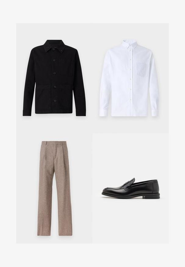 Giacca nera con chiusura a bottoni, colletto a punta, due tasche frontali e una tasca sul petto. Realizzata in tessuto resistente con una consistenza liscia.; Camicia bianca a maniche lunghe con bottoni, realizzata in cotone, caratterizzata da una tasca sul petto con ricamo tonale, colletto e polsini con bottoni.; Pantaloni marroni a vita alta realizzati in tessuto testurizzato. Presentano gambe ampie e due pieghe frontali per struttura. Rifinitura curata senza hardware visibile.; Mocassini neri in pelle con una texture liscia, punta arrotondata e una striscia decorativa sulla tomaia. Tacco basso impilato, design minimalista.
