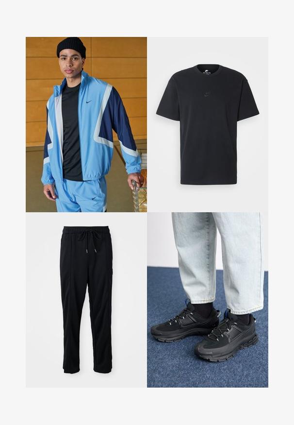 Light blue Nike tracksuit with navy accents, featuring a zippered jacket and elastic cuffs. Black t-shirt beneath, textured knit beanie.; Nike black cotton t-shirt with a classic crew neck, short sleeves, and a subtle, embossed logo on the chest. Smooth texture.; Black drawstring waist casual pants with side seam pockets and straight leg cut on a plain background.; Black athletic shoes with textured fabric and rubber soles, featuring elastic laces and a blue accent on the heel. Worn with light denim pants.