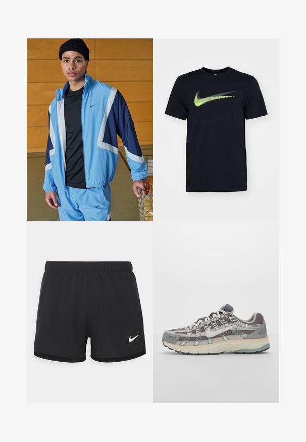 Jasnoniebieski dres Nike z granatowymi akcentami, z zamkiem błyskawicznym w kurtce i elastycznymi mankietami. Czarny t-shirt pod spodem, teksturowana czapka beanie.; Czarna koszulka z krótkim rękawem wykonana z bawełny, z dużym zielono-szarym logo Nike z przodu, z okrągłym dekoltem.; Czarne sportowe szorty wykonane z lekkiego materiału. Posiadają elastyczny pas i perforowane detale. Zawierają białe logo Nike po boku.; Szare buty sportowe z siateczkowym i zamszowym wierzchem, białymi akcentami, amortyzowaną podeszwą oraz charakterystycznym designem z elementami odblaskowymi.