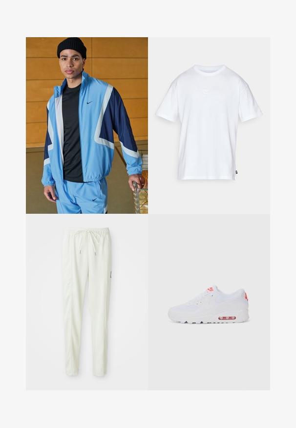 Lichtblauwe Nike trainingspak met marineblauwe accenten, bestaande uit een jack met rits en elastische manchetten. Zwarte t-shirt eronder, textuur gebreide beanie.; Witte katoenen t-shirt met korte mouwen en een ronde hals. Heeft een klein, subtiel Nike-logo op de borst en een zijlabel.; Witte slim-fit joggerbroek met elastische tailleband en trekkoord, met details aan de zijnaad en een klein zwart label op het rechterbeen.; Witte sportieve sneaker met een gladde bovenkant, vetersluiting, gevoerde zool en een zichtbare luchtunit met rode accenten op de branding.