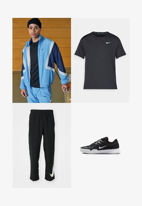 Fato de treino Nike azul claro com detalhes em azul-marinho, apresentando uma jaqueta com fecho éclair e punhos elásticos. T-shirt preta por baixo, gorro de malha texturizada.; T-shirt de corrida Nike preto, feito de material leve e respirável, com mangas curtas e um pequeno logo branco no peito.; Calças atléticas pretas com cintura elástica, design afunilado, apresentando um grande logótipo branco da Nike na perna esquerda. Tecido macio e leve.; Sapatilha atlética preta com um cabedal texturizado, swoosh branco da Nike e uma sola de borracha branca. Apresenta um design com atacadores e uma forma dinâmica.
