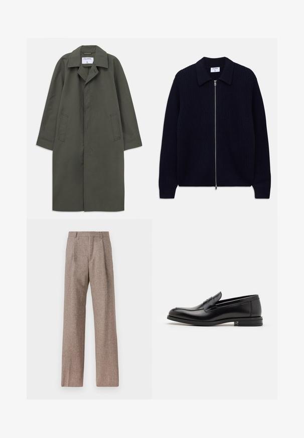 Długi, ciemnooliwkowy płaszcz jednorzędowy z bocznymi kieszeniami, klapami w kołnierzu oraz ukrytymi guzikami z przodu, metka "Filippa K" wewnątrz kołnierza.; Granatowy kardigan z prążkowanego dzianiny, zapinany na zamek, z kołnierzem i długimi rękawami, leżący płasko na białym tle.; Biała koszula z długim rękawem na guziki, wykonana z bawełny, z kieszonką na piersi z tonowym haftem, kołnierzykiem i zapięciem na guziki przy mankietach.; Brązowe, wysokiej talii spodnie wykonane z teksturowanej tkaniny. Posiadają szerokie nogawki i dwa przednie zakładki dla lepszej struktury. Starannie wykończone, bez widocznych elementów metalowych.; Czarne skórzane mokasyny o gładkiej fakturze, zaokrąglonym nosku i dekoracyjnym pasku na przodzie. Niski, warstwowy obcas, minimalistyczny design.