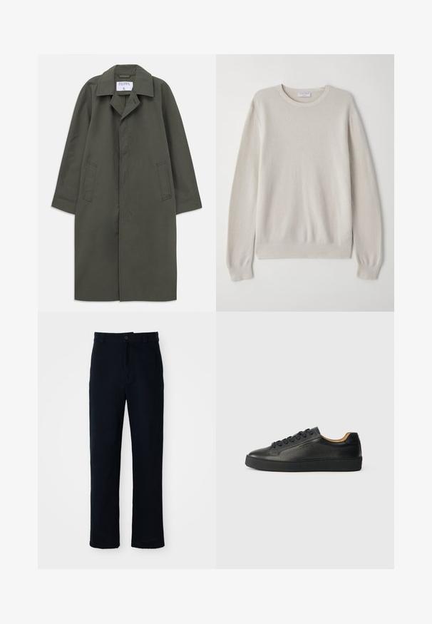 Dolgo temno olivno zelena enojna plašč s stranskimi žepi, izrezanim ovratnikom in skritimi sprednjimi gumbi, oznaka "Filippa K" znotraj ovratnika.; Svetlo bež pulover iz mehkega pletenega materiala. Okrugli izrez, dolgi rokavi, rebrasti robovi in rob s subtilno teksturno podrobnostjo.; Temno modri hlače iz bombaža, s ravnim krojem, sprednjim gumbom in klasičnim pasom z zankami za pas.; Črne nizke usnjene superge z teksturirano površino, črnimi vezalkami in debelim gumijastim podplatom, prikazane s strani na svetli podlagi.