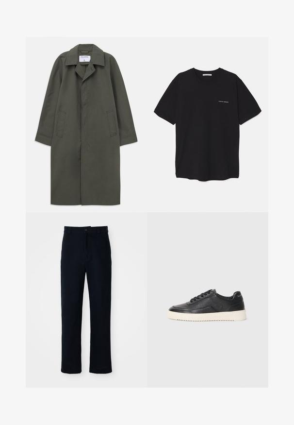 Dolgo temno olivno zelena enojna plašč s stranskimi žepi, izrezanim ovratnikom in skritimi sprednjimi gumbi, oznaka "Filippa K" znotraj ovratnika.; Črna bombažna majica s kratkimi rokavi in okroglim ovratnikom, z belim logotipom natisnjenim na levi prsni strani. Preprost, enobarven dizajn.; Temno modri hlače iz bombaža, s ravnim krojem, sprednjim gumbom in klasičnim pasom z zankami za pas.; Črne usnjene superge z teksturiranim zaključkom, okroglo konico in ravnim belim gumijastim podplatom. Imajo črne vezalke in označbo na peti.