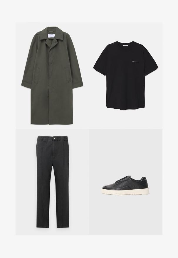 Dlouhý tmavě olivově zelený kabát na jedno knoflík s bočními kapsami, klopovým límcem a skrytými předními knoflíky, štítek "Filippa K" uvnitř límce.; Černé bavlněné tričko s kulatým výstřihem, krátkými rukávy a bílým logem potisknutým na levé straně hrudi. Jednoduchý, jednobarevný design.; Černé kalhoty s elastickým pasem, rovný přední díl, dvě boční kapsy a dekorativní švy. Bez viditelných vzorů nebo kovových doplňků.; Černé kožené tenisky s texturovaným povrchem, kulatou špičkou a plochou bílou gumovou podrážkou. Obsahují černé tkaničky a branding na patě.