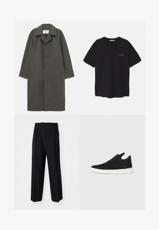 Long dark olive green single-breasted coat with side pockets, notched collar, and concealed front buttons, label "Filippa K" inside collar.; Black cotton T-shirt with a crew neck, short sleeves, and a white logo print on the left chest. Simple, solid color design.; Black pleated trousers with a straight, wide-leg design. Made from smooth fabric, featuring a button closure and belt loops.; Black suede sneaker with a white rubber sole, featuring tonal stitching and lace-up design. Smooth texture with a modern, streamlined shape.