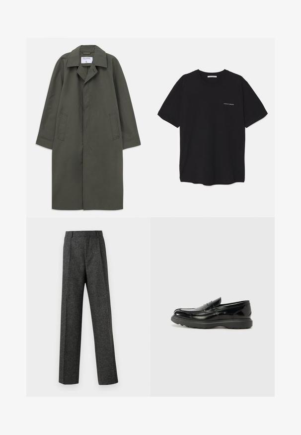 Dlhý tmavý olivovo zelený kabát na jedno gombík s bočnými vreckami, klopovým golierom a skrytými prednými gombíkmi, s označením "Filippa K" vo vnútri goliera.; Čierne bavlnené tričko s okrúhlym výstrihom, krátkymi rukávmi a bielou potlačou loga na ľavej hrudi. Jednoduchý, jednoliaty dizajn.; Sivé úzke nohavice z textúrovanej látky, s dvoma prednými skladmi a rovnými nohavicami. Bez viditeľných vreciek alebo ozdôb.; Čierne kožené mokasíny s lesklým povrchom, okrúhlou špicou, subtilnými švami a hrubou gumovou podrážkou pre zvýšenú odolnosť.