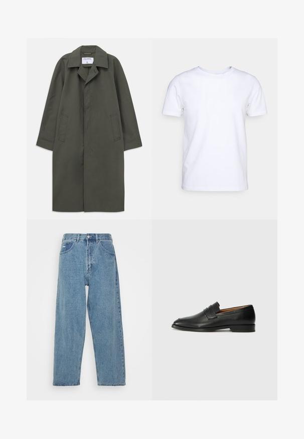Garšs tumši olīvu zaļš vienkrūtains mētelis ar sānu kabatām, ar izgrieztu apkakli un apslēptām priekšējām pogām, uzraksts "Filippa K" iekšējā apkaklē.; Balts īsām piedurknēm T-krekls no kokvilnas auduma ar apaļu kakla izgriezumu. Vienkāršs dizains bez rakstiem vai akcentiem. Gluda tekstūra.; Gai zilo denima džinsu bikses ar augstu vidukli, brīvu piegriezumu, divām priekšējām kabatām, aizmugurējo kabatu un pogu aizdari.; Melnas ādas loafers ar noapaļotu purngala formu, smalku izšuvumu un zemu papēdi, piedāvājot gludu tekstūru un minimālistisku dizainu.