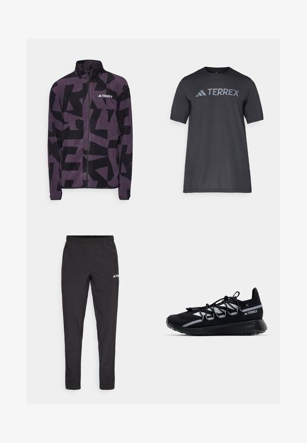 adidas Terrex MT AOP - Flísová bunda - aurora black; Čierne tričko s krátkym rukávom vyrobené z ľahkého materiálu, s svetlo šedým logom "TERREX" na hrudi a klasickým výstrihom.; Čierne športové nohavice s elastickým pásom, dvoma bočnými zipsovými vreckami a logom na hornej pravej nohe. Hladká, ľahká tkanina.; Čierna športová obuv s vrchnou časťou z mäkkej sieťoviny, reflexné detaily, elastické šnúrky a textúrovaná gumová podrážka. Vyznačuje sa štíhlym dizajnom pre vysoký výkon.