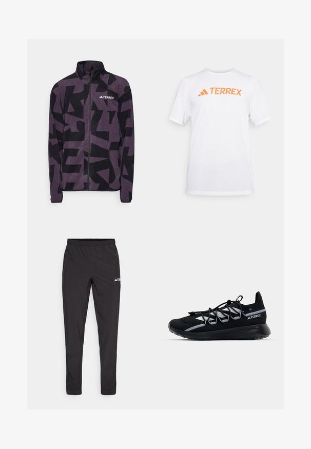 adidas Terrex MT AOP - Fliisjakk - aurora black; Valge lühikeste varrukatega spordisärk, mis on valmistatud hingavast materjalist, millel on rinnal oranž "TERREX" logo. Lihtne disain selgete joontega.; Mustad mustad dressipüksid elastse vöökoha, kahe külje tõmblukuga tasku ja logoga paremal ülemisel reitel. Sile ja kerge kangas.; Mustad mustus sportlik king, millel on võrgust pealmine osa, peegeldavad aktsendid, elastsed paelad ja tekstuuriga kummipõhi. Omab sujuvat disaini sooritamiseks.