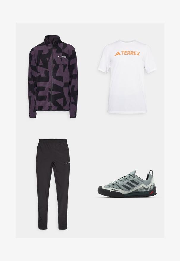 adidas Terrex MT AOP - Fleecejacke - aurora black; Weißes kurzärmliges Sportshirt aus atmungsaktivem Material, mit einem orangefarbenen "TERREX"-Logo auf der Brust. Einfaches Design mit klaren Linien.; Schwarze Sporthose mit einem elastischen Bund, zwei seitlichen Reißverschlusstaschen und einem Logo am oberen rechten Bein. Glattes, leichtes Material.; Graue Kletterschuhe mit einer strukturierten Oberseite, schwarzer Gummi-Zehenkappe, drei dunklen Streifen und einem kleinen roten Akzent an der Sohle.