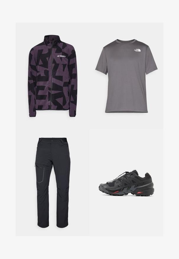 adidas Terrex MT AOP - Jakna od flisa - aurora black; Sivi kratki rukav sportski majica izrađena od glatkog, laganog materijala. Sadrži bijeli logo na lijevoj strani prsnog dijela. Dizajn s okruglim izrezom.; Crne vanjske hlače s patentnim zatvaračem na butu, elastičnim pojasom i glatkim, vodootpornim materijalom. Čist dizajn bez vidljivih logotipa.; Crne trkaće tenisice s sintetičkom gornjom stijenkom, teksturiranim dizajnom i kontrastnim crvenim detaljima. Imaju sustav vezanja za sigurno uklapanje i robustnu potplat.