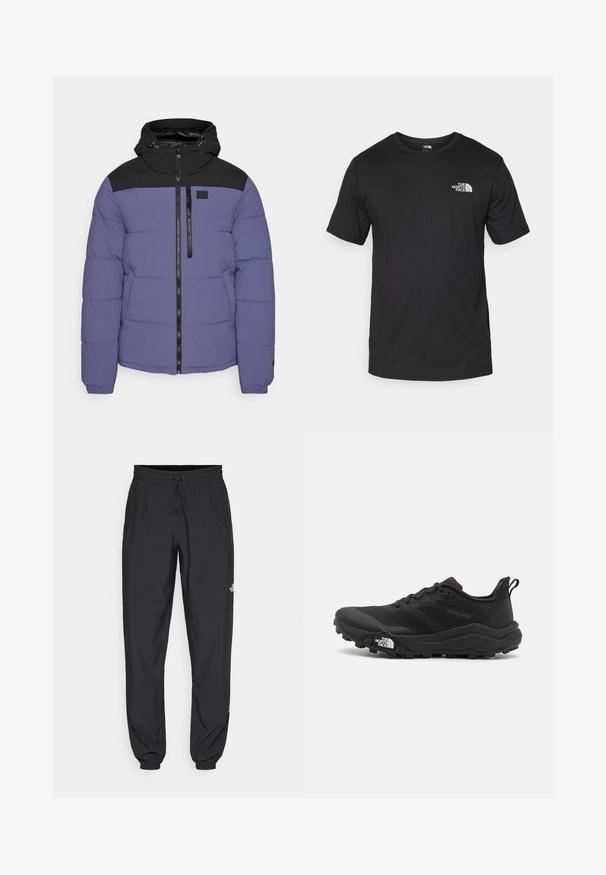 Icepeak AMERI - Ziemas jaka - blue; Melna īsām piedurknēm T-krekls, kas izgatavots no kokvilnas, ar apaļu dekoltē un nelielu baltu logotipu augšējā kreisajā krūtīs.; Melni sporta bikses, kas izgatavotas no viegla auduma, ar savelcamu jostu, sānu kabatām un sašaurinātiem apakšējiem galiem pie potītēm.; Melnas taku skriešanas kurpes ar teksturētu virsu, gumijas zoli un pastiprinātu pirkstu daļu. Aprīkotas ar mīkstu apkakli un vilkšanas cilpu, lai viegli uzvilktu.