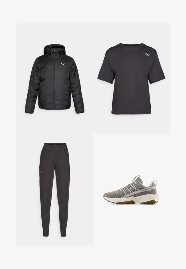 Black padded jacket with a hood, featuring a front zipper and a white Puma logo on the left chest. Smooth, glossy texture, and long sleeves.; Black short-sleeve t-shirt made of soft fabric, featuring a rounded neckline and a small logo detail on the upper left side.; Black athletic leggings made of stretchy fabric, featuring a high waistband, side pockets, and a small reflective logo on the left thigh.; Gray New Balance sneaker with textured knit upper, white geometric sole, brown tread, elastic lace design, and pull tabs on tongue and heel.