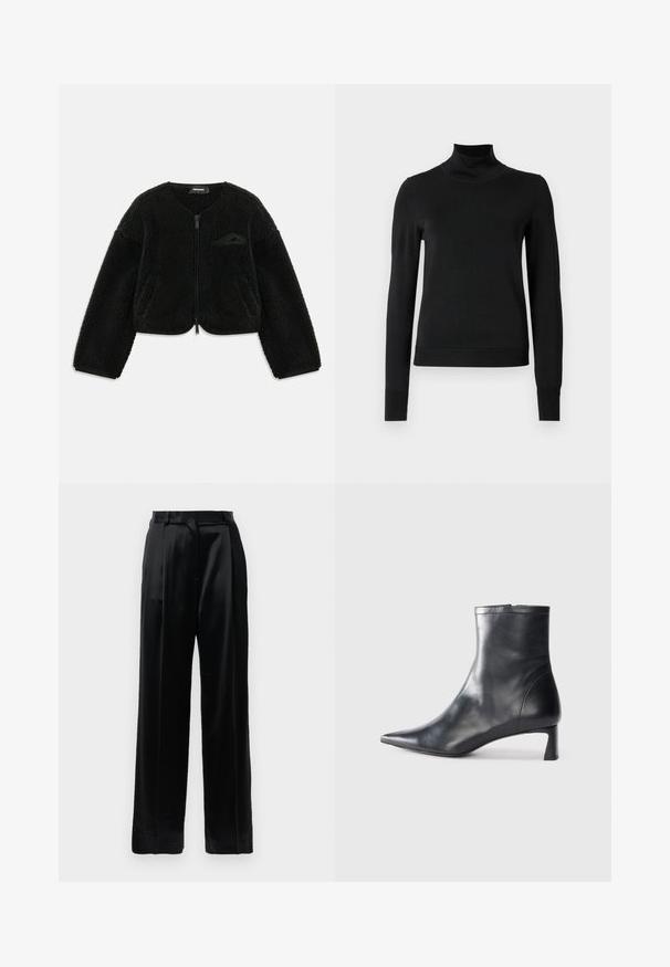 Schwarze Zip-Up-Jacke aus strukturiertem Sherpa-Stoff, mit Rundhalsausschnitt, langen Ärmeln und einer kleinen Tasche auf der linken Brust.; Schwarzer Langarmrollkragenpullover mit gerippten Bündchen und Saum, auf einem schlichten weißen Hintergrund präsentiert.; Schwarze, hochtaillierte Satinhosen mit geraden, weiten Beinen, Gürtelschlaufen und einem flachen Frontverschluss vor einem schlichten weißen Hintergrund.; Schwarze Lederstiefelette mit spitzer Zehe und schlankem Design. Verfügt über einen niedrigen Absatz und einen Reißverschluss hinten. Glatte Textur.