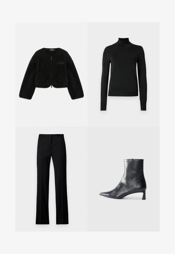 Čierna bunda na zips vyrobená z textúrovaného sherpa materiálu, s okrúhlym výstrihom, dlhými rukávmi a malou vreckom na ľavom hrudníku.; Čierny dlhý rukáv rolák s rebrovanými manžetami a lemom, zobrazený na čistej bielej pozadí.; Čierne nohavice v rovnom strihu z hladkej tkaniny, so plochým predným dielom, pútkami na opasok a bez viditeľných vreciek alebo ozdôb.; Čierne kožené členkové topánky s špicatou špičkou a elegantným dizajnom. Majú nízky podpätok a zips na zadnej strane. Hladká textúra.