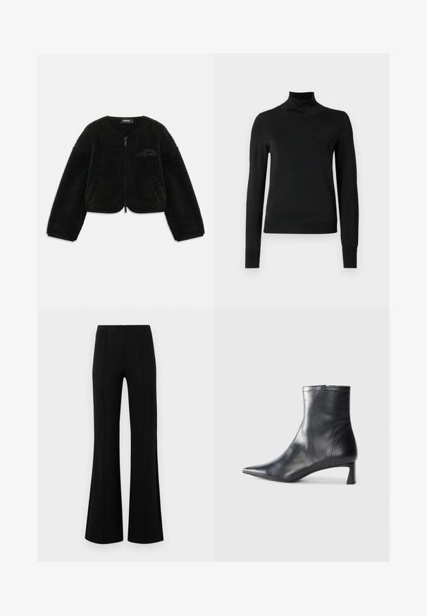 Čierna bunda na zips vyrobená z textúrovaného sherpa materiálu, s okrúhlym výstrihom, dlhými rukávmi a malou vreckom na ľavom hrudníku.; Čierny dlhý rukáv rolák s rebrovanými manžetami a lemom, zobrazený na čistej bielej pozadí.; Čierne rozšírené nohavice s vysokým pásom, vyrobené z elastického materiálu. Obsahujú vertikálne švy na prednej strane a hladkú textúru.; Čierne kožené členkové topánky s špicatou špičkou a elegantným dizajnom. Majú nízky podpätok a zips na zadnej strane. Hladká textúra.