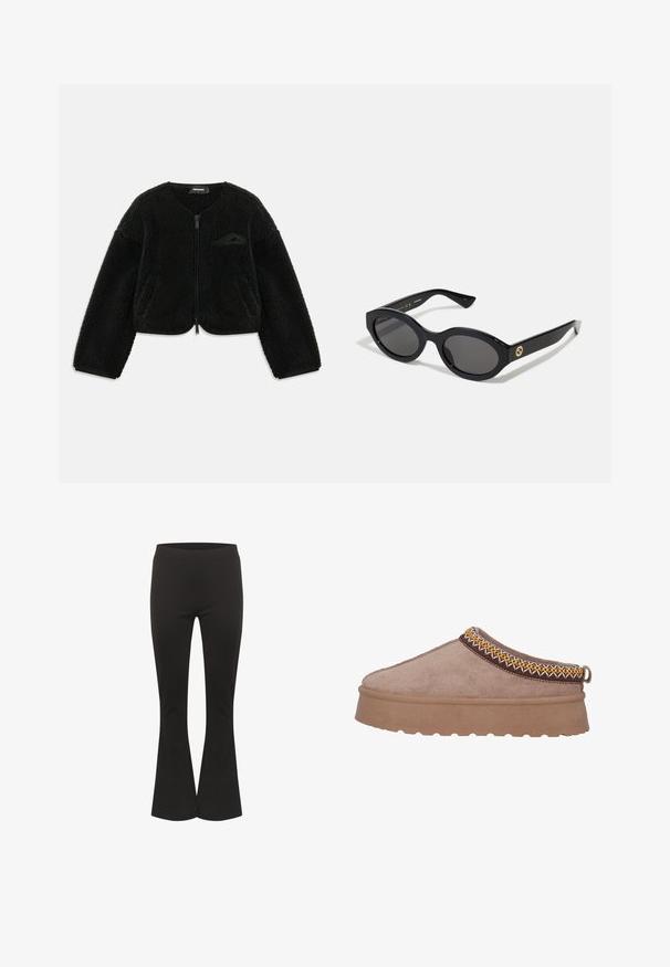 Zwarte ritssluitingjack gemaakt van gestructureerde sherpa-stof, met een ronde hals, lange mouwen en een klein zakje op de linkerborst.; Zwarte sweatshirt met twee horizontale crèmekleurige strepen, geribbelde halslijn en logo in het midden. De mouwen hebben vergelijkbare streepdetails.; Zwarte flared broeken met een aansluitende taille en een zachte stof, rechtopstaand tegen een witte achtergrond.; Bruine suède instap schoen met een dikke, gestructureerde zool, die intrigerende gele en bruine borduursels langs de bovenrand vertoont.; Zwarte ovale zonnebril met donkere glazen en een glanzend kunststof frame. Heeft een gouden logo op de poot, dat een strakke en moderne uitstraling biedt.