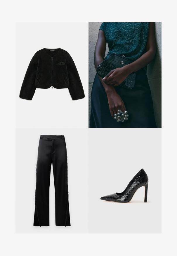 Juodas užtrauktukas striukė, pagaminta iš tekstūruoto šerpa audinio, su apvalia apykakle, ilgomis rankovėmis ir maža kišene kairėje krūtinės pusėje.; Juodas satino ilgomis rankovėmis marškiniai su aukštu apykakle, susiaurinta juosmens dalimi ir reguliuojamo raiščio detalėmis. Lygus paviršius su blizgiu apdaila.; Juodos satino kelnės su plačiomis kojomis, kurių šoninėse siūlėse yra kutai, o priekyje – plokščias juosmuo. Paprastas galas be kišenių.; Juoda smailiakulnė aukšto kulno bateliai su krokodilo odos tekstūra, pasižymintys elegantišku dizainu, aukštu stiletu kulnu ir lygia juoda vidine dalimi.; Juodas krokodilo odos rašto vakarėlis su sidabriniais aksesuarais, laikomas prieš tekstūruotą pilką foną. Pasižymi blizgiu paviršiumi.