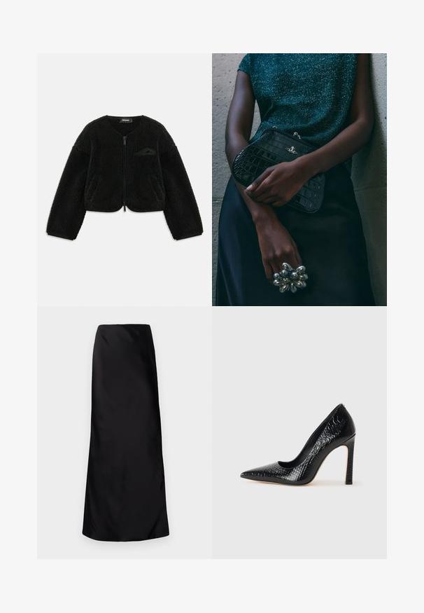 Sort zip-jakke lavet af tekstureret sherpa-stof, med rund hals, lange ærmer og en lille lomme på venstre bryst.; Hvid, stribet T-shirt med kortærmer og rund hals. Stoffet ser glat ud med en tætsiddende silhuet. Brandingmærke synligt ved kraven.; Norma Kamali BIAS OBIE SKIRT - Maxinederdele - black; Sorte spidse tå stiletto-sko i krokodilleskind med et strømlinet design, høj hæl og glat sort inderside.; Sorte clutchtaske med krokodillemønster og sølvhardware, holdt mod en tekstureret grå baggrund. Har en blank overflade.