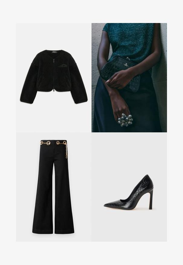 Mustat vetoketjulliset takit, jotka on valmistettu teksturoidusta sherpa-kankaasta. Niissä on pyöreä kaula-aukko, pitkät hihat ja pieni tasku vasemmalla rinnalla.; Bodysuit pitkähihaisilla, korkealla kauluksella ja olkapäät paljastavalla muotoilulla, vahvassa burgundinvärisessä sävyssä. Valmistettu pehmeästä, joustavasta kankaasta.; Mustat leveät housut, jotka on valmistettu puuvillasta ja joissa on kultaisia pyöreitä yksityiskohtia sekä ketjuyksityiskohta vyötäröllä. Sileä pinta, siisti leikkaus.; Musta kapea nilkkakorkokenkä krokotiilin nahkakuviolla, joka on varustettu tyylikkäällä muotoilulla, korkealla stiletto-korkealla ja sileällä mustalla sisäosalla.; Musta krokotiilihäntäinen penaali, jossa on hopeiset yksityiskohdat, pidetään teksturoitua harmaata taustaa vasten. Pintamateriaali kiiltävä.