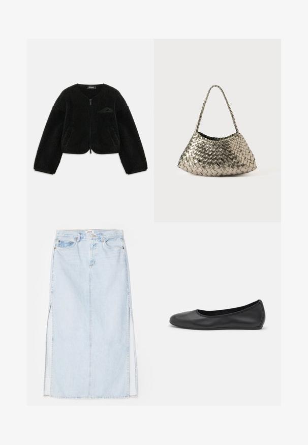 Veste zippée noire en tissu sherpa texturé, avec un col rond, des manches longues et une petite poche sur le côté gauche de la poitrine.; T-shirt en coton blanc avec un col rond et des manches courtes, présentant une coupe décontractée et un design minimaliste. Étiquette visible au niveau du cou.; Jupe maxi en denim bleu clair avec une coupe droite, dotée de fentes sur les côtés et d'un design à cinq poches. Couture bien visible et fermeture à bouton métallique.; Ballerines en cuir noir avec un bout rond, texture lisse, détails de couture minimalistes et design de semelle flexible.; Sac à main tissé métallique de forme triangulaire, avec une bandoulière tressée et un intérieur doublé en velours. Couleur : argent. Texture : lisse et semblable à un tissu.