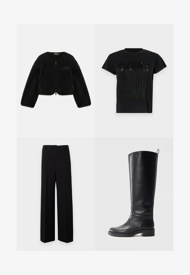 Giacca nera con zip realizzata in tessuto sherpa testurizzato, con collo rotondo, maniche lunghe e una piccola tasca sul lato sinistro del petto.; T-shirt nera a maniche corte con un design a frange sulla parte anteriore. Le frange sono realizzate in un materiale testurizzato, aggiungendo profondità.; Pantaloni neri a gamba larga con frontale piatto, chiusura a bottone e trama di tessuto liscia. Presentano un taglio dritto e linee nette.; Stivale nero in pelle fino al ginocchio con texture liscia, punta rotonda e suola spessa. Presenta un sottile dettaglio di cucitura e una linguetta nella parte superiore.