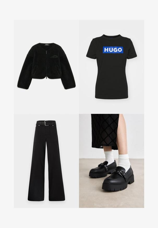 Svart zip-up jacka gjord av texturerad sherpa-tyg, med rund hals, lång ärm och en liten ficka på vänster bröst.; Svart kortärmad t-shirt i bomull, med en stor blå rektangulär grafik som har ordet "HUGO" i vita fetstilta bokstäver.; Svarta vida byxor i bomull med hög midja, stora sidofickor och bälte med silverdetaljer.; Svarta plattformsskor i läder med en slät yta, som har en spänne-detalj och nitar, kombinerade med vita ribbade strumpor.