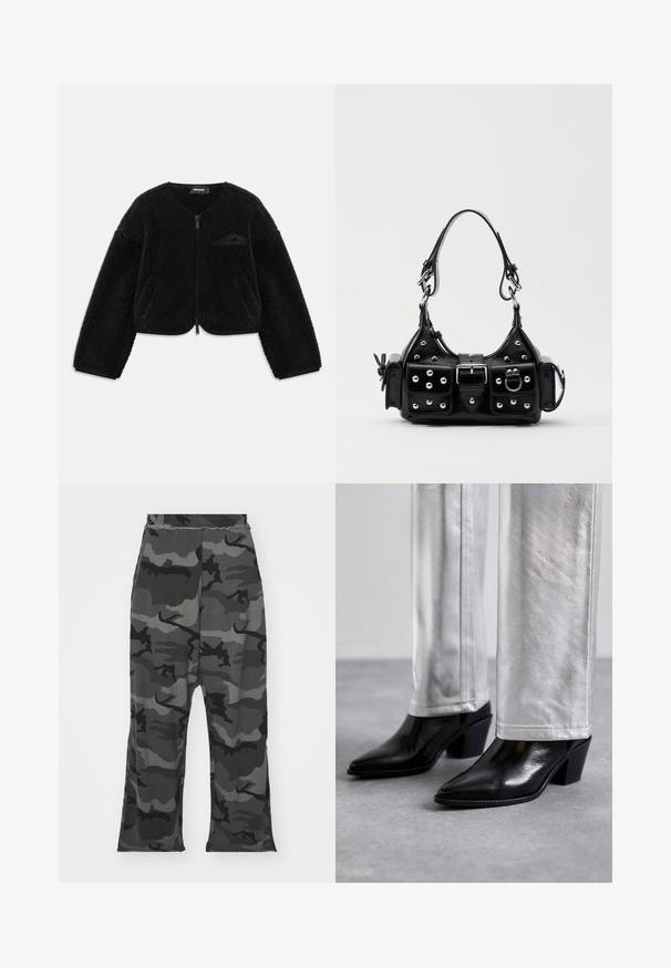 Giacca nera con zip realizzata in tessuto sherpa testurizzato, con collo rotondo, maniche lunghe e una piccola tasca sul lato sinistro del petto.; Maglietta nera a maniche corte in cotone morbido, con scollo rotondo e una texture liscia e uniforme, caratterizzata da un design minimale.; Pantaloni della tuta mimetici in tonalità di nero e grigio, con una cintura elastica, vestibilità rilassata e leggere spaccature nella parte inferiore delle gambe.; Stivali neri in pelle fino alla caviglia con punta affilata e tacco a blocco, abbinati a pantaloni argentati lucidi, che mostrano texture eleganti e colori a contrasto.; Borsa a mano in pelle nera con design curvo, caratterizzata da borchie argentate, una fibbia e due tasche laterali. Tracolla regolabile per diverse opzioni di trasporto.