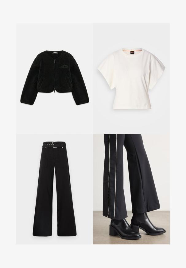 Schwarze Zip-Up-Jacke aus strukturiertem Sherpa-Stoff, mit Rundhalsausschnitt, langen Ärmeln und einer kleinen Tasche auf der linken Brust.; Weißes, kurzes T-Shirt, kurze weite Ärmel, weicher Baumwollstoff, runder Ausschnitt mit subtilen orangefarbenen Akzenten, minimales Design, keine Muster oder Grafiken.; Schwarze weitgeschnittene Hose aus Baumwolle, mit hoher Taille, großen Seitentaschen und einem taillierten Bund mit silbernen Hardware-Akzenten.; Schwarze Lederstiefeletten mit einem Blockabsatz, ausgestattet mit elastischen seitlichen Einsätzen. Kombiniert mit schwarzen Hosen, die einen weißen Seitenstreifen haben.
