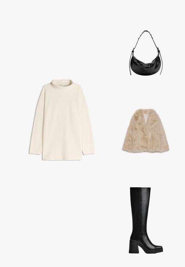 Faux fur jas in lichtbeige met een zachte textuur, brede kraag en een open voorkant. Voorzien van een gladde binnenvoering.; Crèmekleurige coltrui met lange mouwen, een relaxte pasvorm en zijsplitten aan de onderkant. Gemaakt van zachte, textuurrijke stof.; Zwarte knie-hoge laars van gestructureerd synthetisch materiaal, met een vierkante neus, chunky hoge hak en een glad, gestroomlijnd oppervlak.; Zwarte leren handtas met een halve maan vorm, gladde textuur en verstelbare schouderband, met subtiele hardware accenten. Rits sluiting zichtbaar.