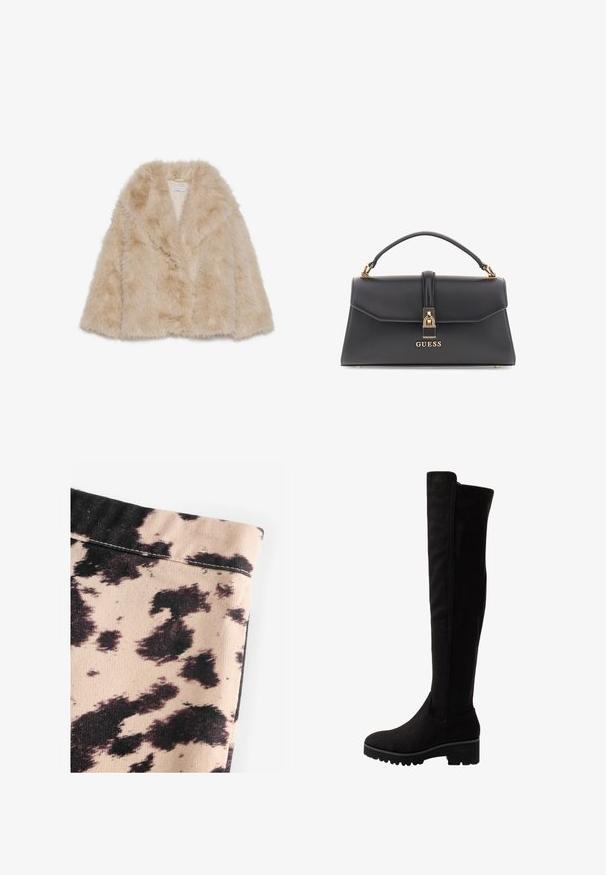 Mākslīgās kažokādas mēteles gaiši bēšā krāsā ar mīkstu tekstūru, plašu apkakli un atvērtu priekšpusi. Satur gludu iekšējo oderi.; Melnā augsta apkakle džemperis, kas izgatavots no viegla adīšanas auduma. Tam ir garas piedurknes, pieguļoša silueta un mīksta ribota tekstūra.; Bežīgs audums ar melnu liellopu drukas rakstu, ar ribotu tekstūru un vienkāršu šuvi detaļām. Nav redzamu piederumu vai dekora.; Melnas zābaki virs ceļgaliem no mīkstas zamšādas ar plakanu zoli, kurām ir noapaļots purngals un elastīgas sānu paneļi, kas nodrošina vieglu uzvilkšanu.; Melnas mākslīgās ādas rokassoma ar strukturētu formu, zelta aparatūru, augšējo rokturi un priekšējo sprādzi ar "GUESS" logo.