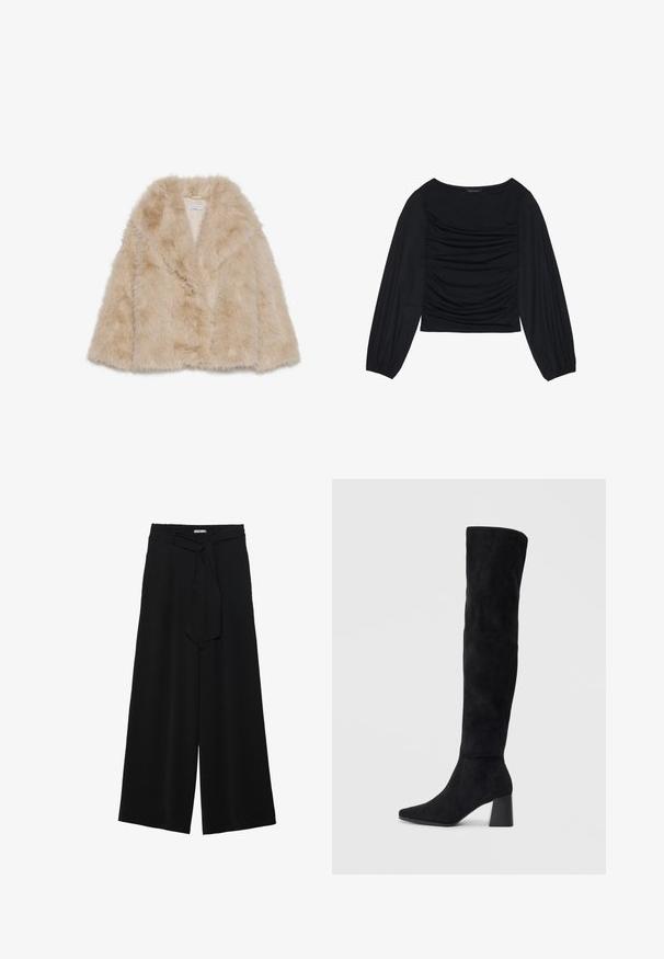 Kunstkarvane märkjas beež ülerõivas, mis on pehme tekstuuriga, laia kraega ja avatud ees. Omab sujuvat sisekihti.; Must mustaga, millel on ees ja randmetel kokku tõmmatud kangadetailid, valmistatud pehmest ja venivast materjalist ning paadi kaelusega.; Mustad laiad püksid, millel on tekstureeritud kangas, elastne vöökoht ja eemaldatav pael vööst, et reguleerida sobivust.; Must must ümberpööratud musta nahast põlve kõrgune saapad blokknõelaga, terava varbaga ja sujuva, õmblusteta disainiga, asetatud heledale taustale.