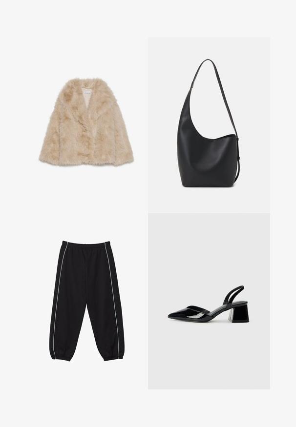 Lažni krzneni kaput svijetle bež boje s mekim teksturom, širokim ovratnikom i otvorenim prednjim dijelom. Ima glatku unutarnju podstavu.; Crni top bez rukava od pamuka, s okruglim izrezom i širokim izrezima za ruke. Glatka tekstura s ušivenim rubovima. Klasičan, minimalistički dizajn.; Crne sportske hlače s elastičnim pojasom, bijelim prugama sa strane i skupljenim rubovima na gležnjevima. Izrađene od mekanog, rastezljivog materijala.; Crne lakirane kožne sandale s otvorenom petom i špicastim vrhom, s geometrijskom blok petom. Imaju elegantan, minimalistički dizajn i glatku teksturu.; Crna kožna hobo torba s glatkom teksturom, zakrivljenim oblikom i jednom podesivom trakicom; ima širok otvor na vrhu.