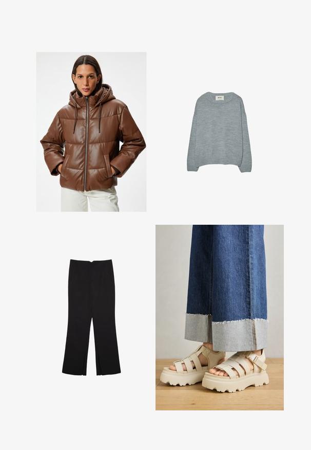 Giacca a piumino marrone con cappuccio, realizzata in pelle ecologica. Presenta una chiusura con zip, tasche laterali e un design trapuntato con una texture liscia.; Maglione grigio chiaro realizzato in morbido tessuto a maglia, con scollo rotondo, spalle cadute e polsini e orlo a coste. Design semplice, senza motivi.; Pantaloni neri a gamba dritta, con tasche frontali e spacchi laterali all'orlo. Realizzati in tessuto morbido e liscio. Adatti a diverse occasioni.; Sandali platform beige con suole spesse presentano un design a cinturini e fettucce regolabili alla caviglia. Indossati con pantaloni in denim a gamba larga, un'orlo è sfilacciato.