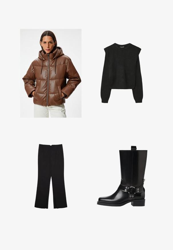 Brun pufferjakke med hætte, lavet af faux læder. Har lynlåslukning, sidelommer og quiltet design med en glat tekstur.; Sort striktrøje med lange ærmer, polstrede skuldre og ribkantede manchetter og kant, vist mod en hvid baggrund.; Sorte bukser med lige pasform, der har frontlommer og slidser i kanten. Lavet af blødt, glat stof. Velegnet til forskellige anledninger.; Sort læderknæhøj støvle med spids tå, sølv spænde detaljer og en robust hæl. Har en trækflap for nem påtagning.
